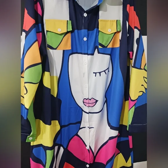 Women faces collage printed multicolor buttoned maxi dress - Picture 5 of 13